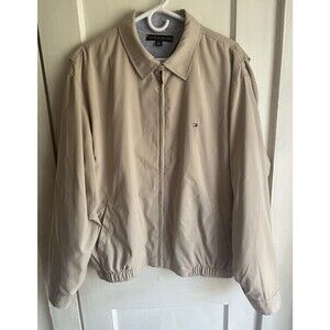 Tommy Hilfiger Men's Vintage Bomber Beige Collared Zip Up Buttons Pockets Size L